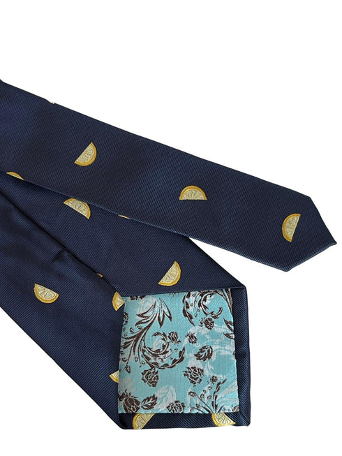 navy blue tie with yellow lemon slice fruit design