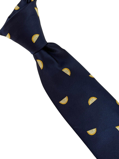 navy blue tie with yellow lemon slice fruit design
