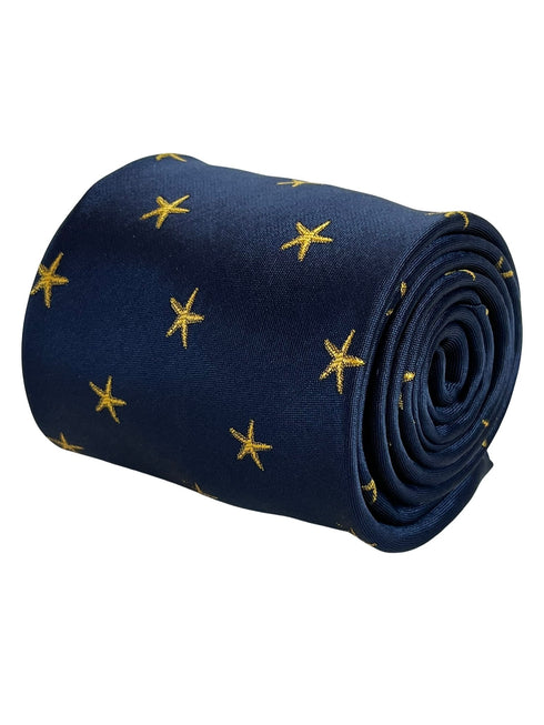 navy blue tie with golden starfish aquatic seashore design