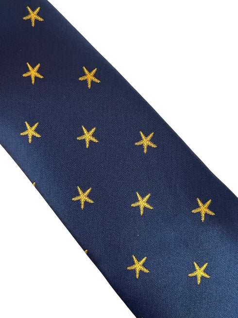 navy blue tie with golden starfish aquatic seashore design