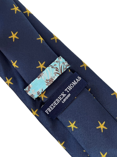 navy blue tie with golden starfish aquatic seashore design
