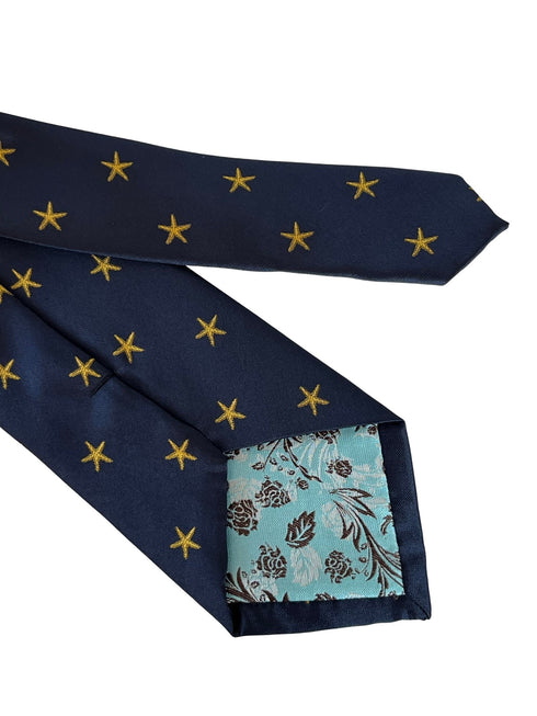 navy blue tie with golden starfish aquatic seashore design