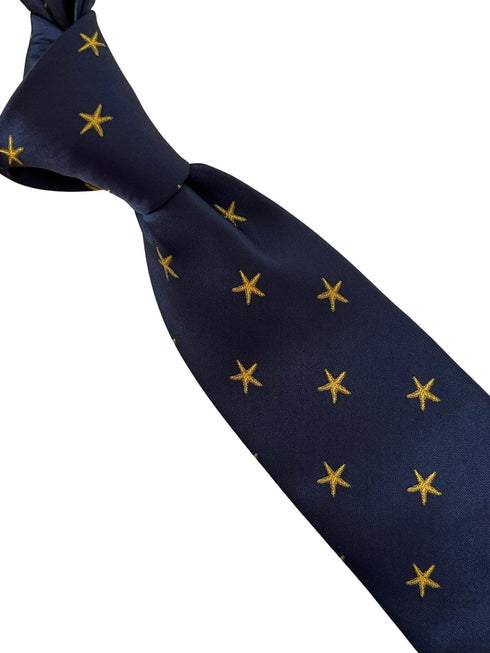 navy blue tie with golden starfish aquatic seashore design