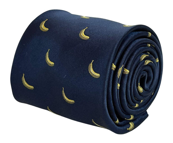 navy blue tie with yellow banana fruit design
