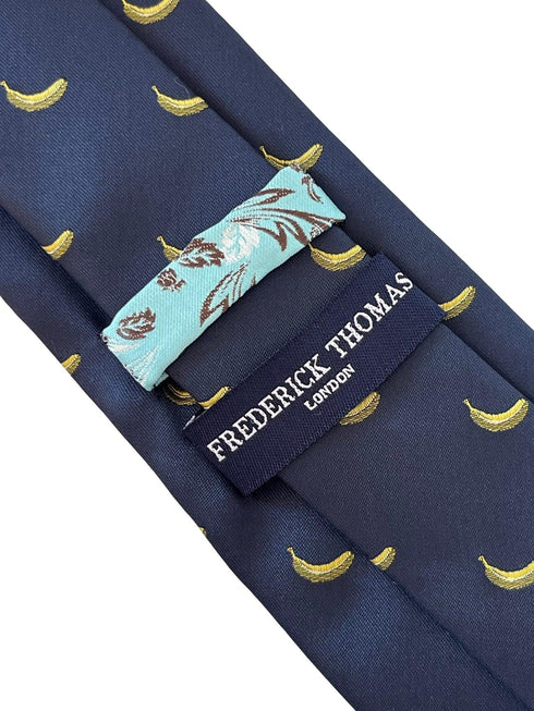 navy blue tie with yellow banana fruit design