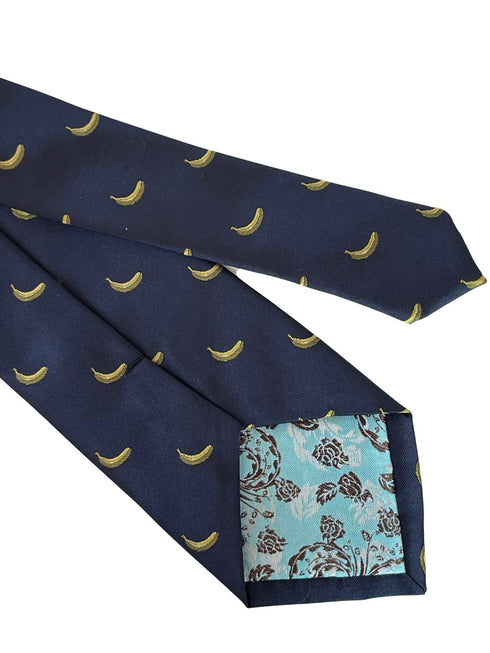 navy blue tie with yellow banana fruit design