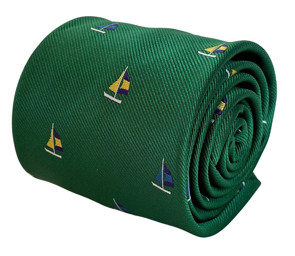 emerald dark green tie with yacht sailing boat embroidered design