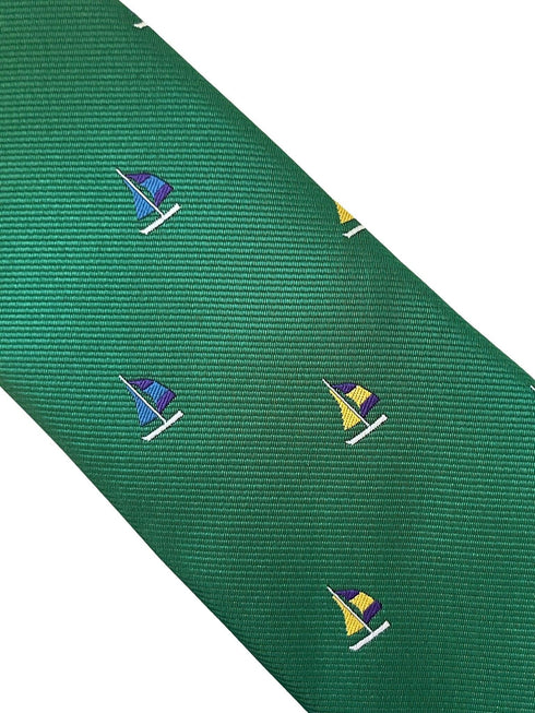 emerald dark green tie with yacht sailing boat embroidered design