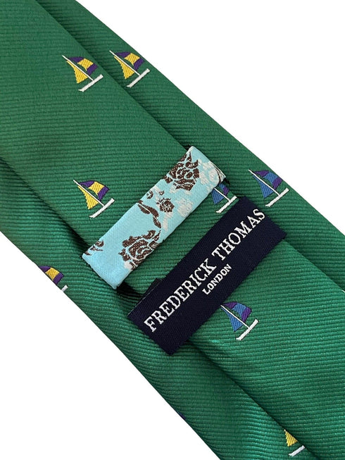 emerald dark green tie with yacht sailing boat embroidered design