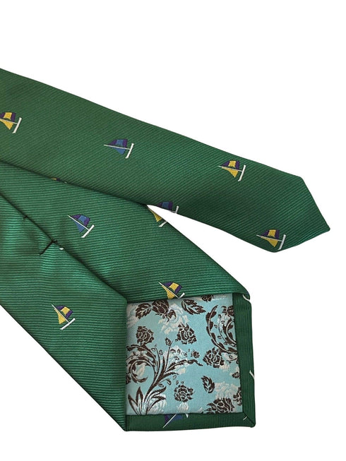 emerald dark green tie with yacht sailing boat embroidered design