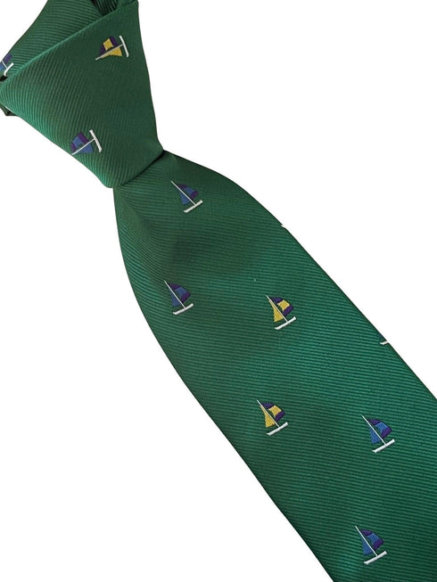 emerald dark green tie with yacht sailing boat embroidered design