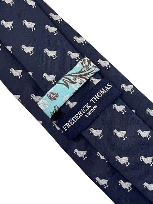 navy blue tie with puffin bird design