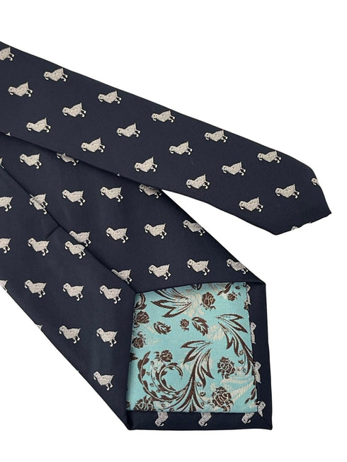 navy blue tie with puffin bird design