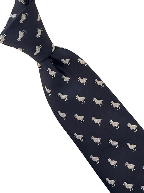 navy blue tie with puffin bird design