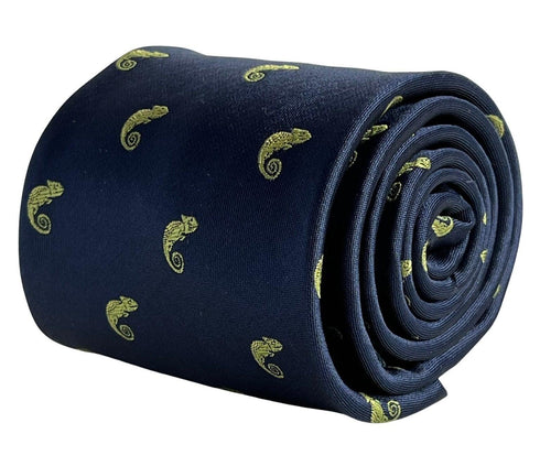 navy blue tie with chameleon lizard reptile design