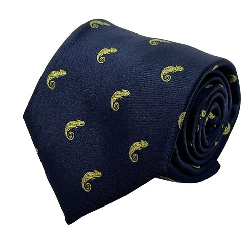 navy blue tie with chameleon lizard reptile design
