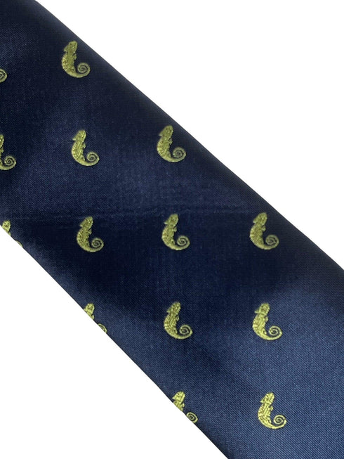 navy blue tie with chameleon lizard reptile design