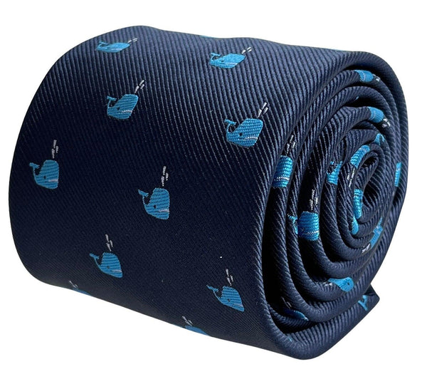 navy blue tie with blue whale design