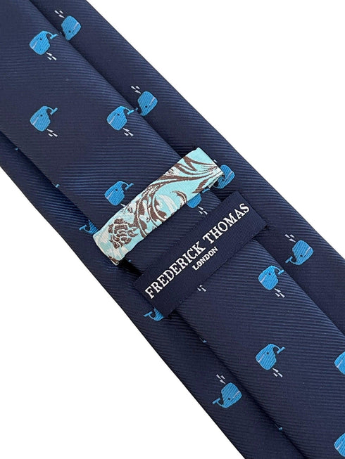 navy blue tie with blue whale design