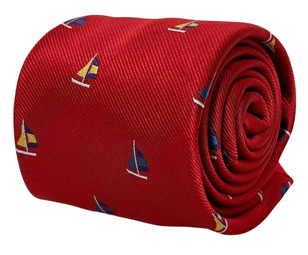 red tie with embroidered yacht boat sailing nautical design
