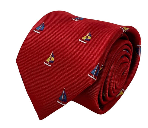 red tie with embroidered yacht boat sailing nautical design