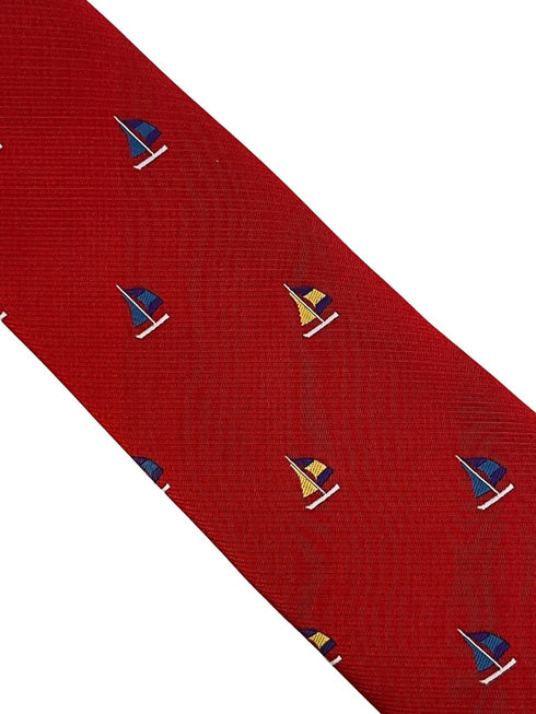 red tie with embroidered yacht boat sailing nautical design