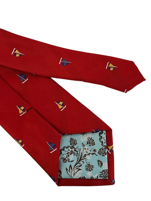 red tie with embroidered yacht boat sailing nautical design