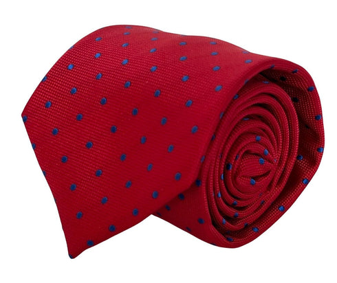 Red tie with royal blue classic polka spot design
