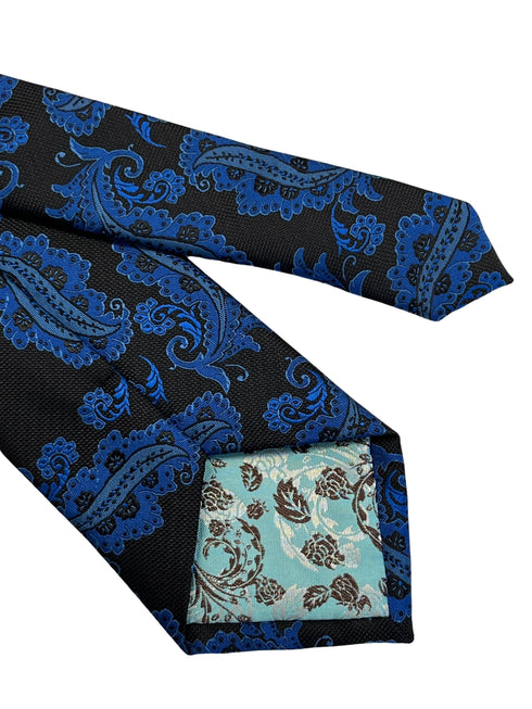 Black tie with blue paisley design