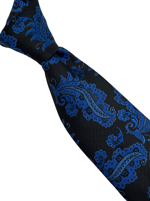 Black tie with blue paisley design