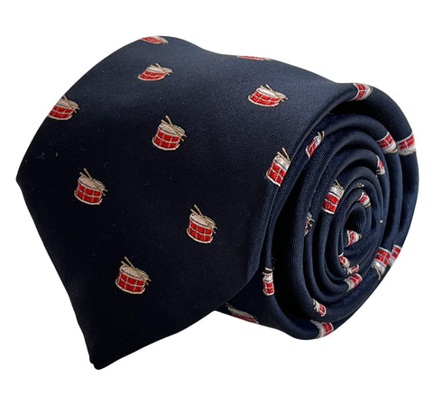 Navy blue tie with snare drum and drumstick design