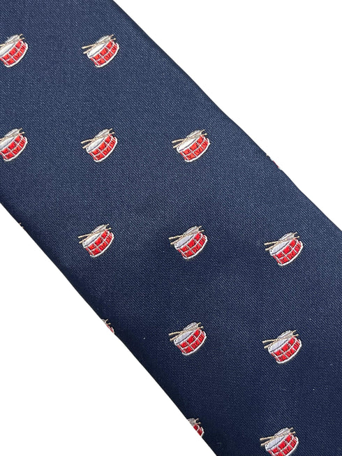Navy blue tie with snare drum and drumstick design