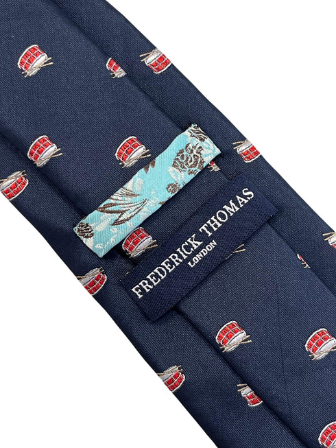 Navy blue tie with snare drum and drumstick design