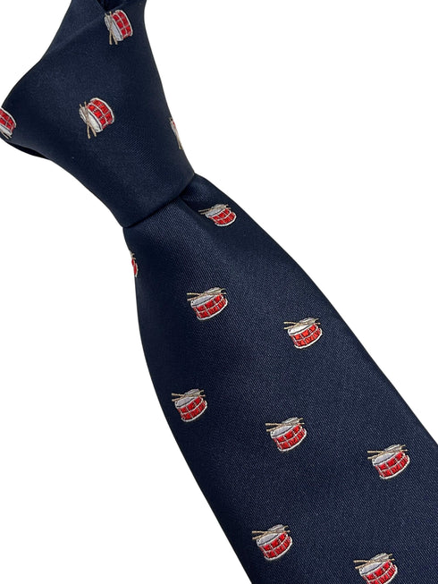 Navy blue tie with snare drum and drumstick design