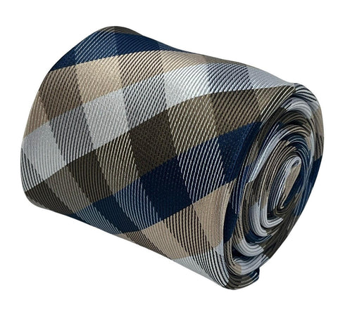 Gold, silver and navy dark blue plaid checked tie