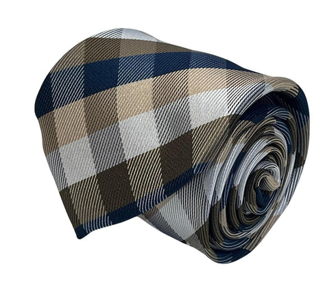 Gold, silver and navy dark blue plaid checked tie