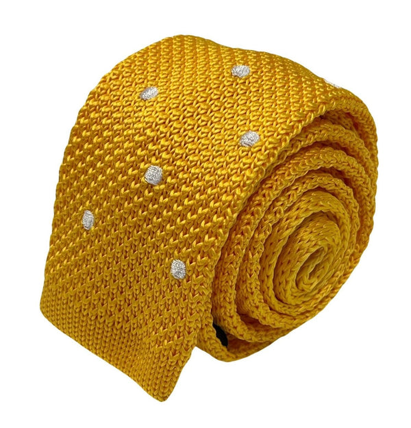 Yellow gold knitted tie with white polka spots