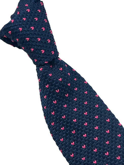 Navy dark blue knitted tie with bright hot pink pin spots