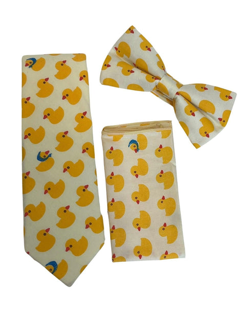 Ivory cotton bow tie with yellow rubber duck design
