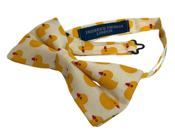 Ivory cotton bow tie with yellow rubber duck design