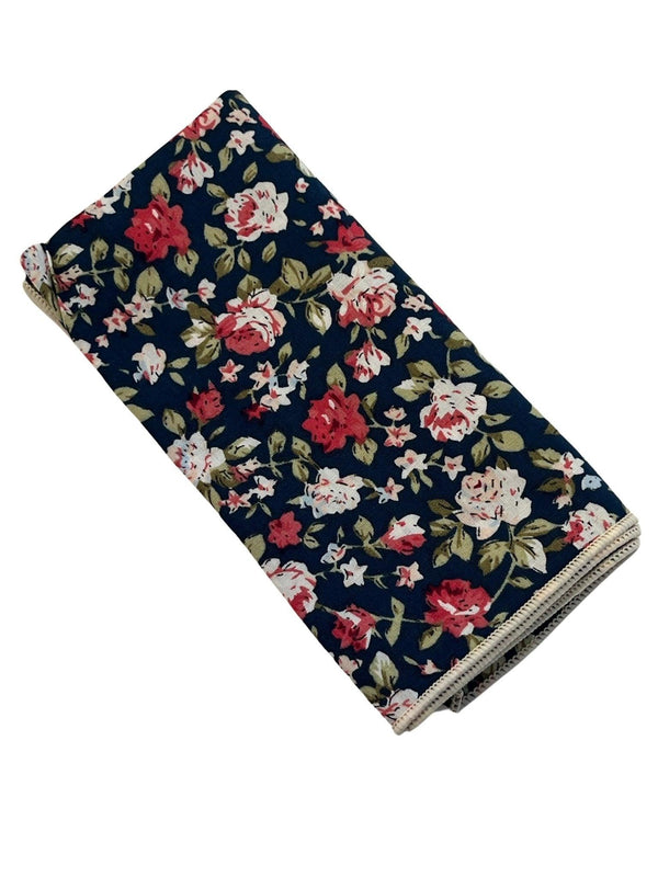 Navy with pink peony rose flower floral design cotton pocket square