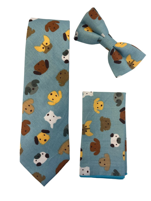 Medium denim blue adult bow tie with cute dog puppy design