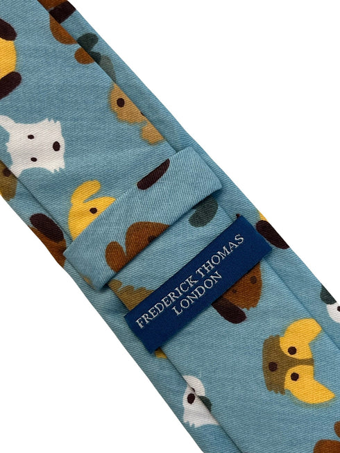 Medium denim blue tie with cute dog puppy design