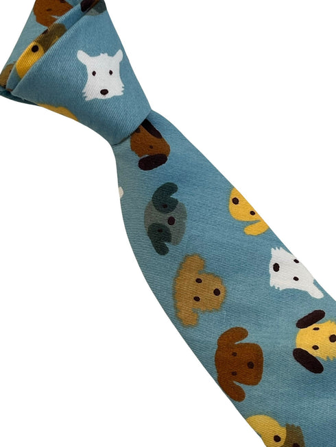 Medium denim blue tie with cute dog puppy design