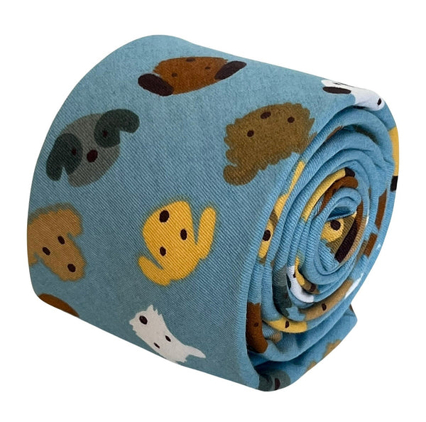 Medium denim blue tie with cute dog puppy design