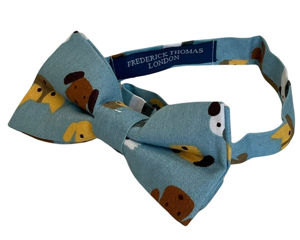 Medium denim blue adult bow tie with cute dog puppy design