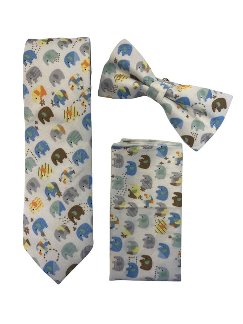 Ivory cotton child's bow tie with colourful elephants design