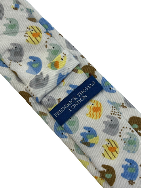 Ivory cotton tie with colourful elephants design