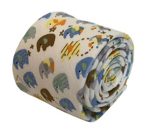 Ivory cotton tie with colourful elephants design