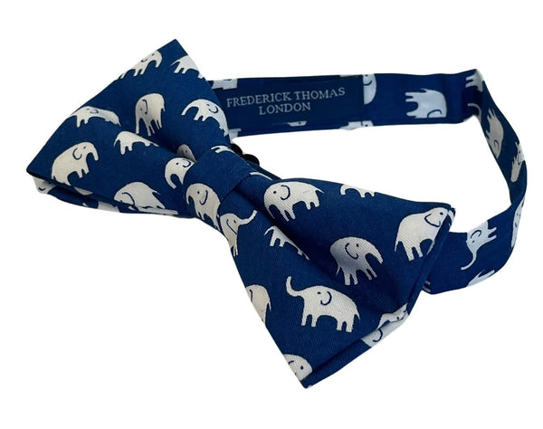Navy dark blue adult bow tie with elephant design